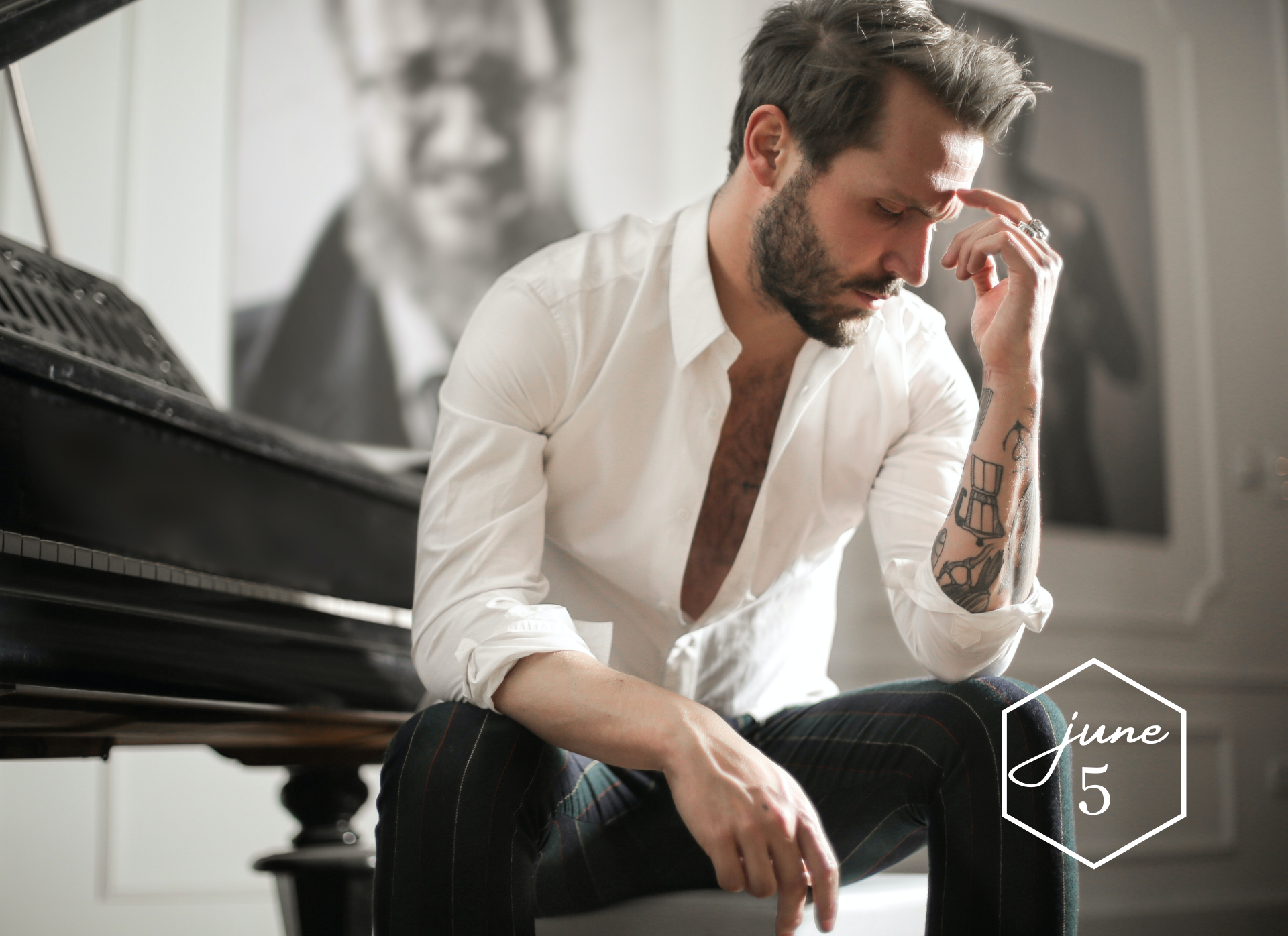 Groom thinking while sitting at piano