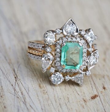 Diamond and Emerald engagement ring for her with heart shaped diamonds