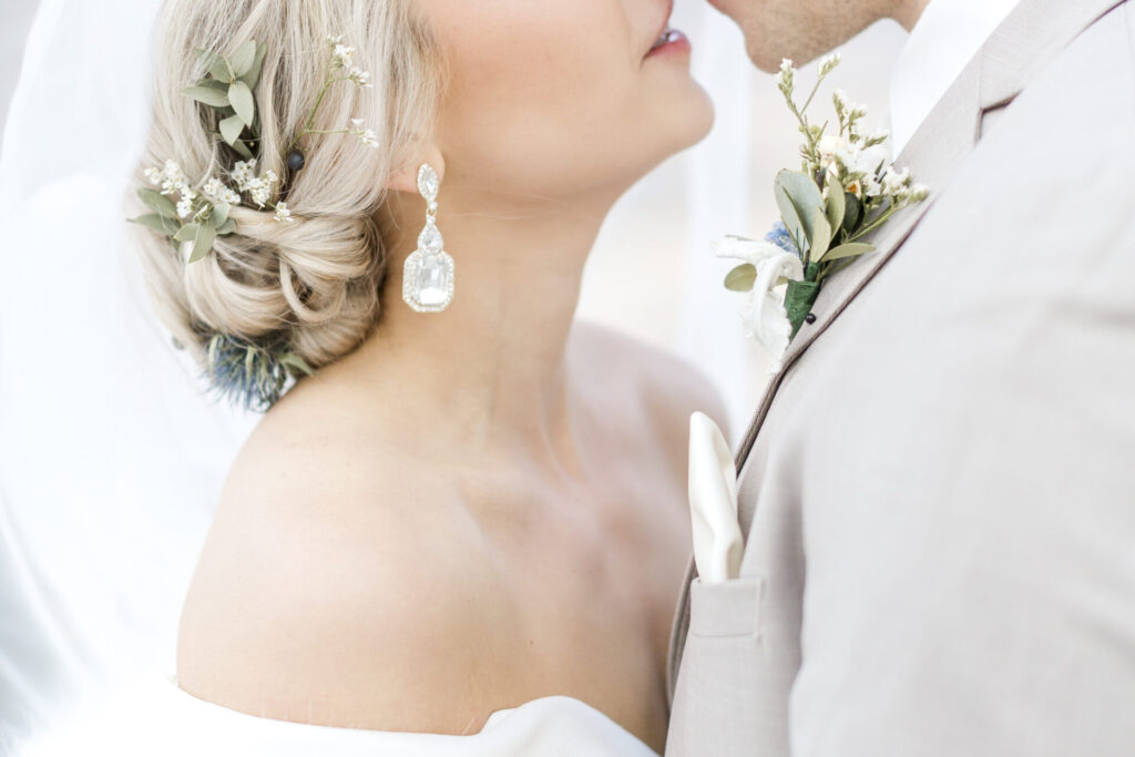 closeup portrait of bride and groom embracing