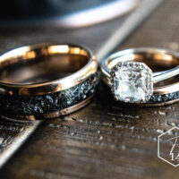 Beautiful photo of meteorite wedding bands couple set