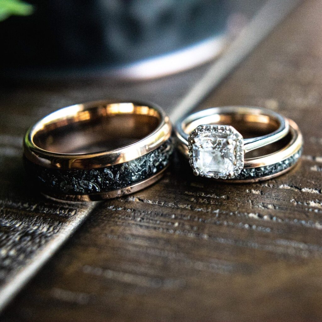 the most beautiful and unique wedding band set made from a meteorite