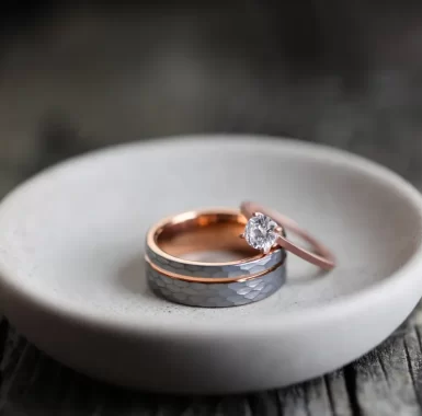 silver wedding band set with rose gold